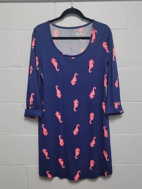 Lilly Pulitzer Navy Blue Scoop Neck Dress with Pink Seahorse Print
